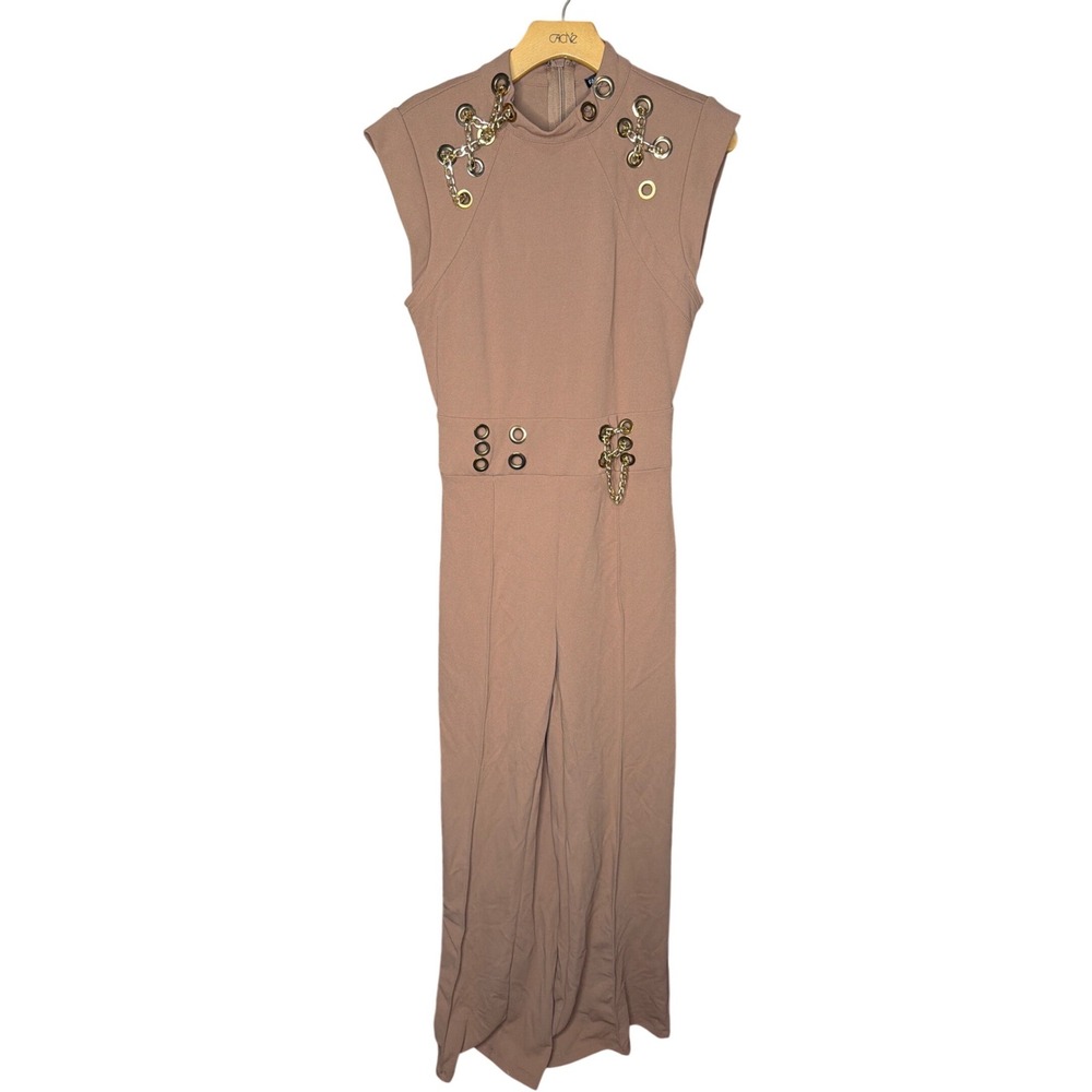 Fashion‎ Nova Womens Mauve Chain Eyelet Mock Neck Wide Leg Jumpsuit Large L